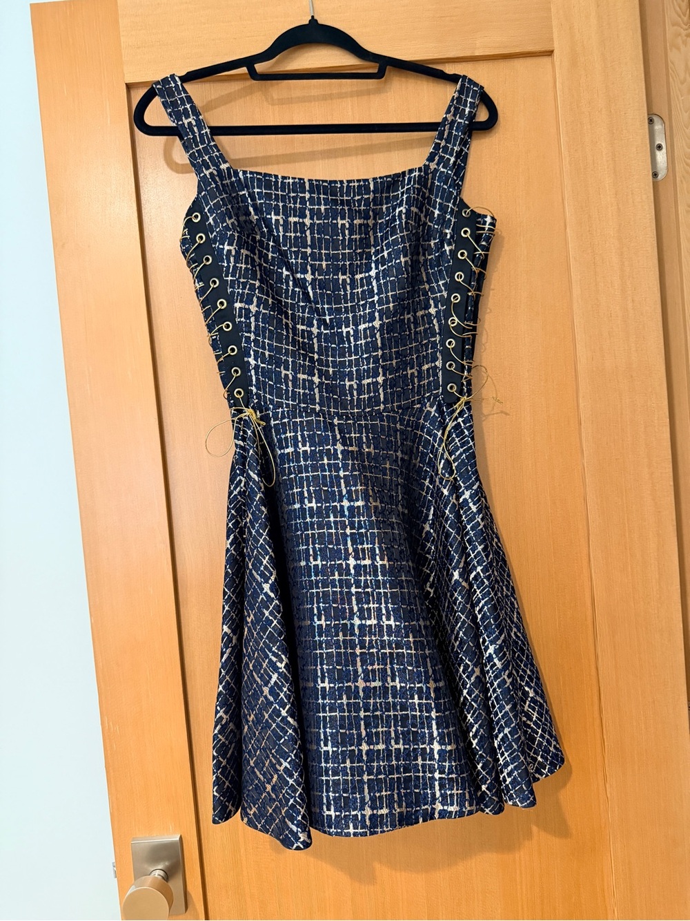 Navy Tweed Fit-and-Flare Dress with Lace-Up Detail - Size Small